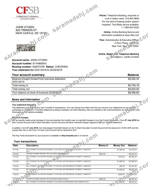 USA New York CFSB bank statement